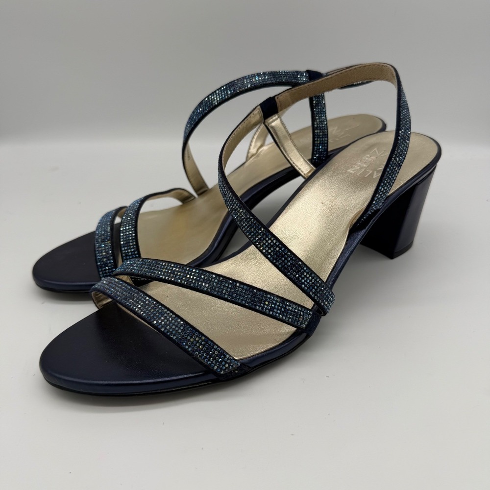 Naturalizer Vanessa 2 Navy Blue Rhinestone Strappy Block Heel Sandals 11W